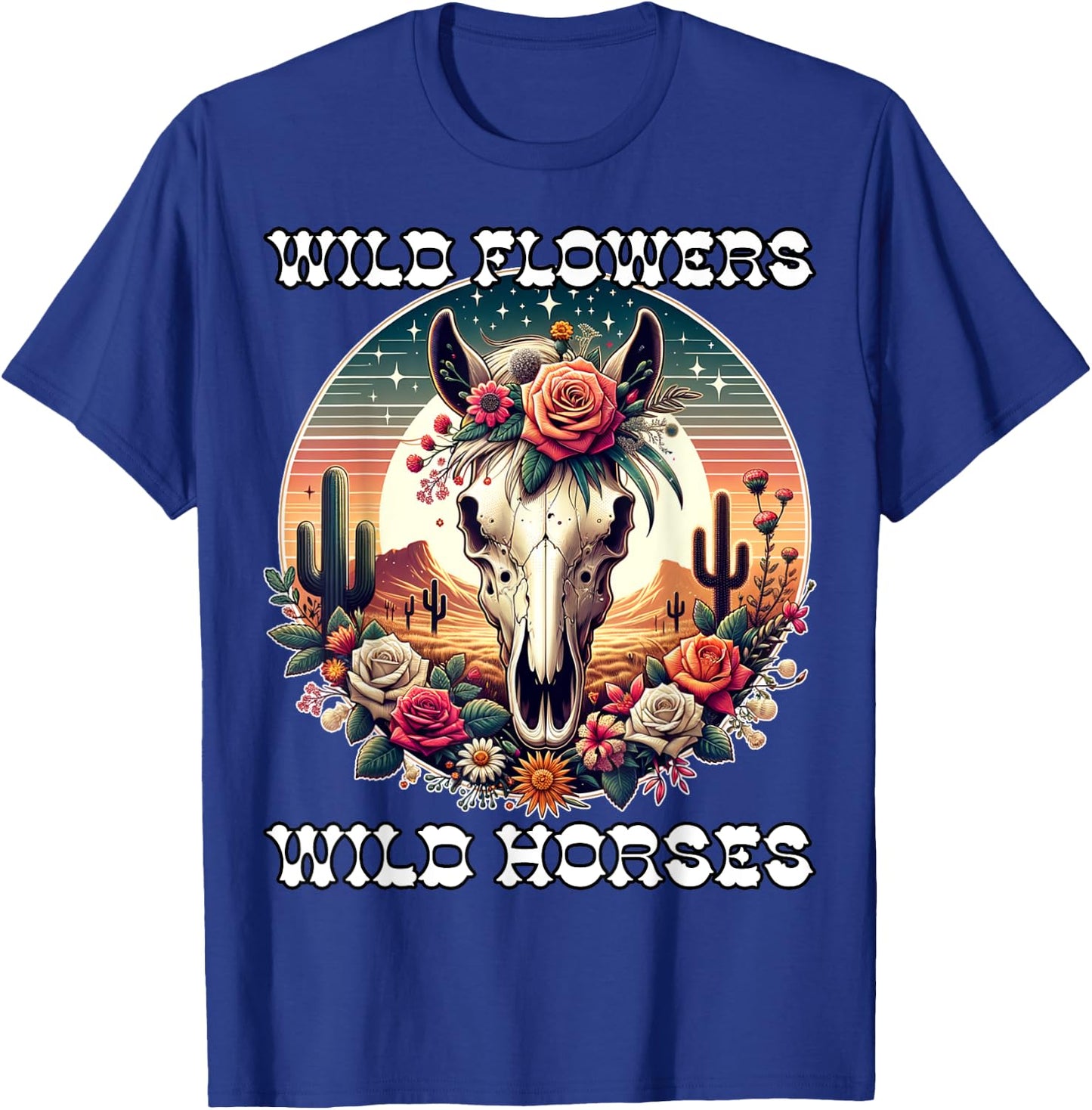 Wild Flowers and Wild Horses Vintage Sunset Country Cowgirl T-Shirt - T-Shirt | Royal
