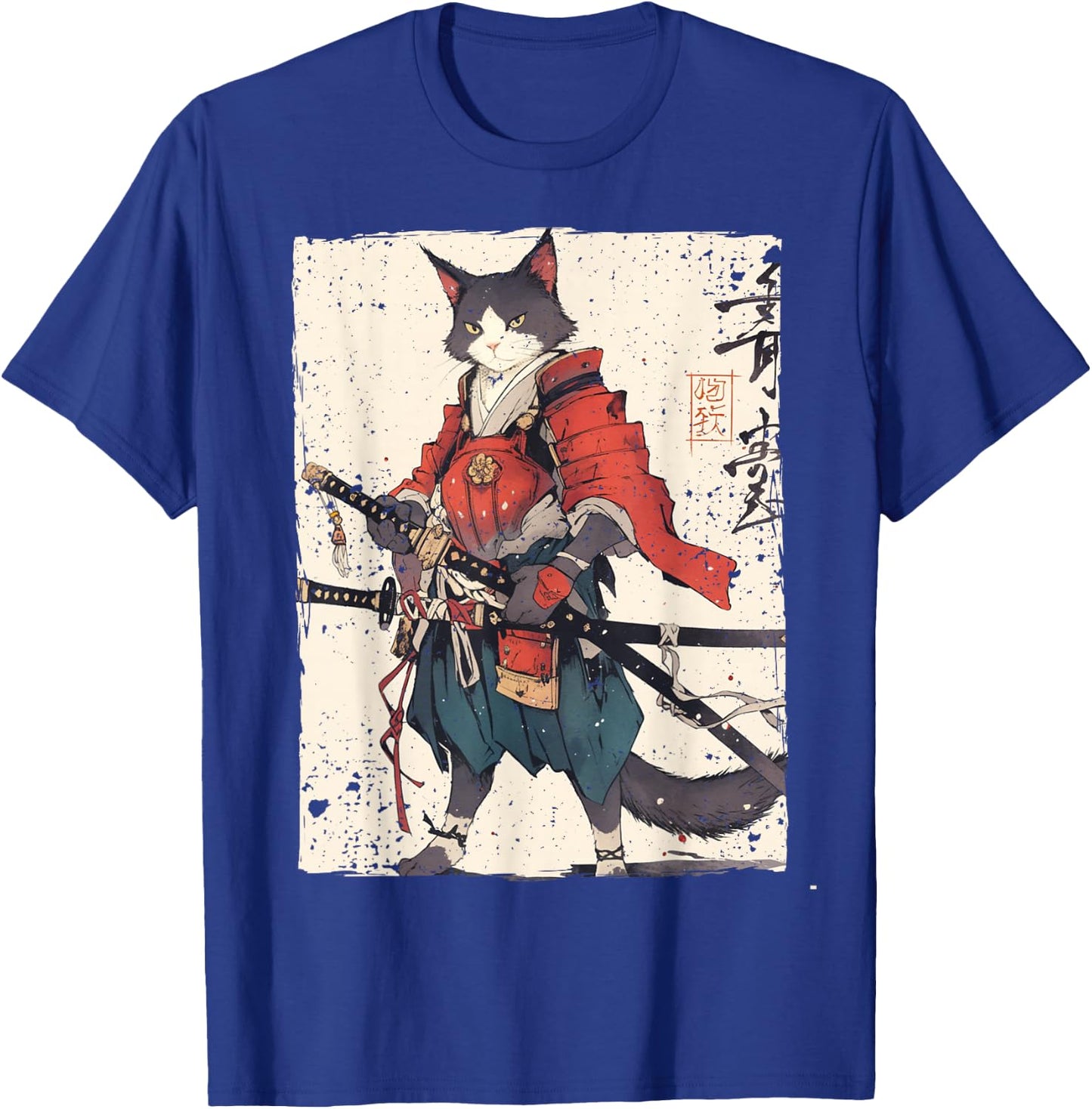 Samurai Cat Warrior Ukiyo Ink Artwork Cat Samurai Women Girls Kids T-Shirt - T-Shirt | Royal