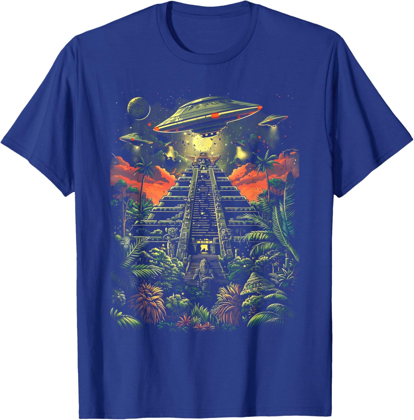 UFO Ancient Alien Pyramid South America Jungle T-Shirt - T-Shirt | Royal