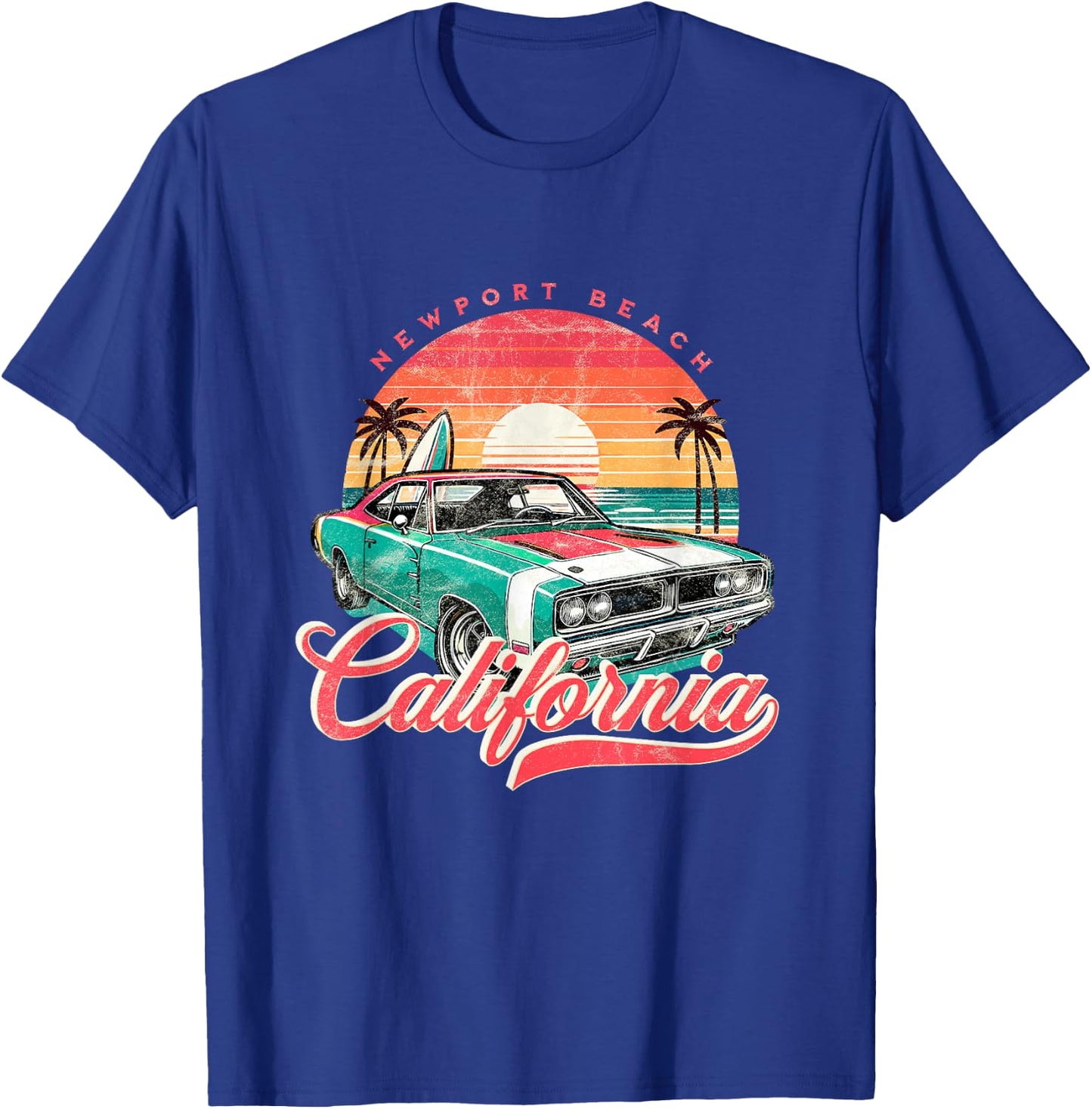 Classic Muscle Car Retro Newport Beach California Surfer Sun T-Shirt - T-Shirt | Royal