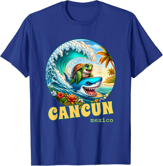 Cancun Mexico Surfing Sea Turtle and Shark T-Shirt - T-Shirt | Royal