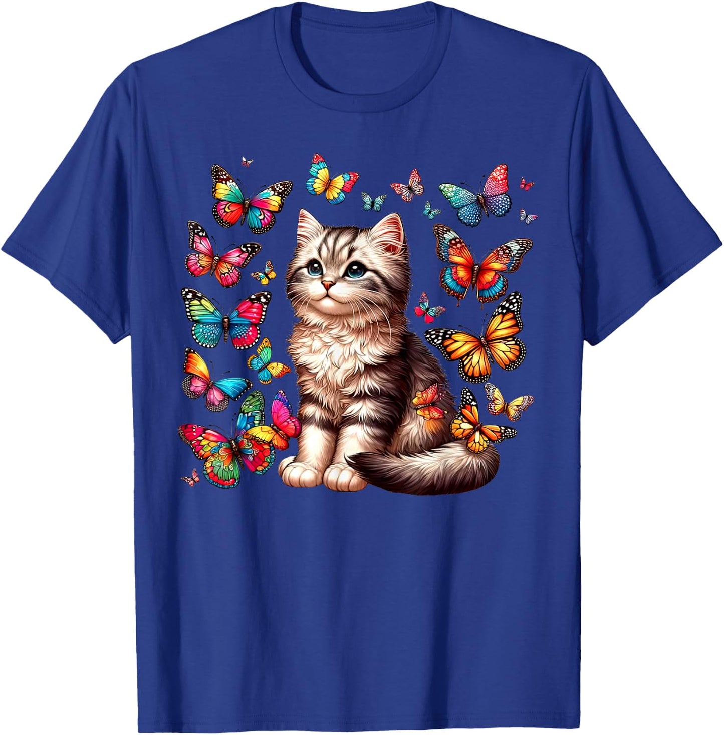 Cute Cat With Colorful Butterfly Art Pet Lover Kitten Women Girls Kids T-Shirt - T-Shirt | Royal