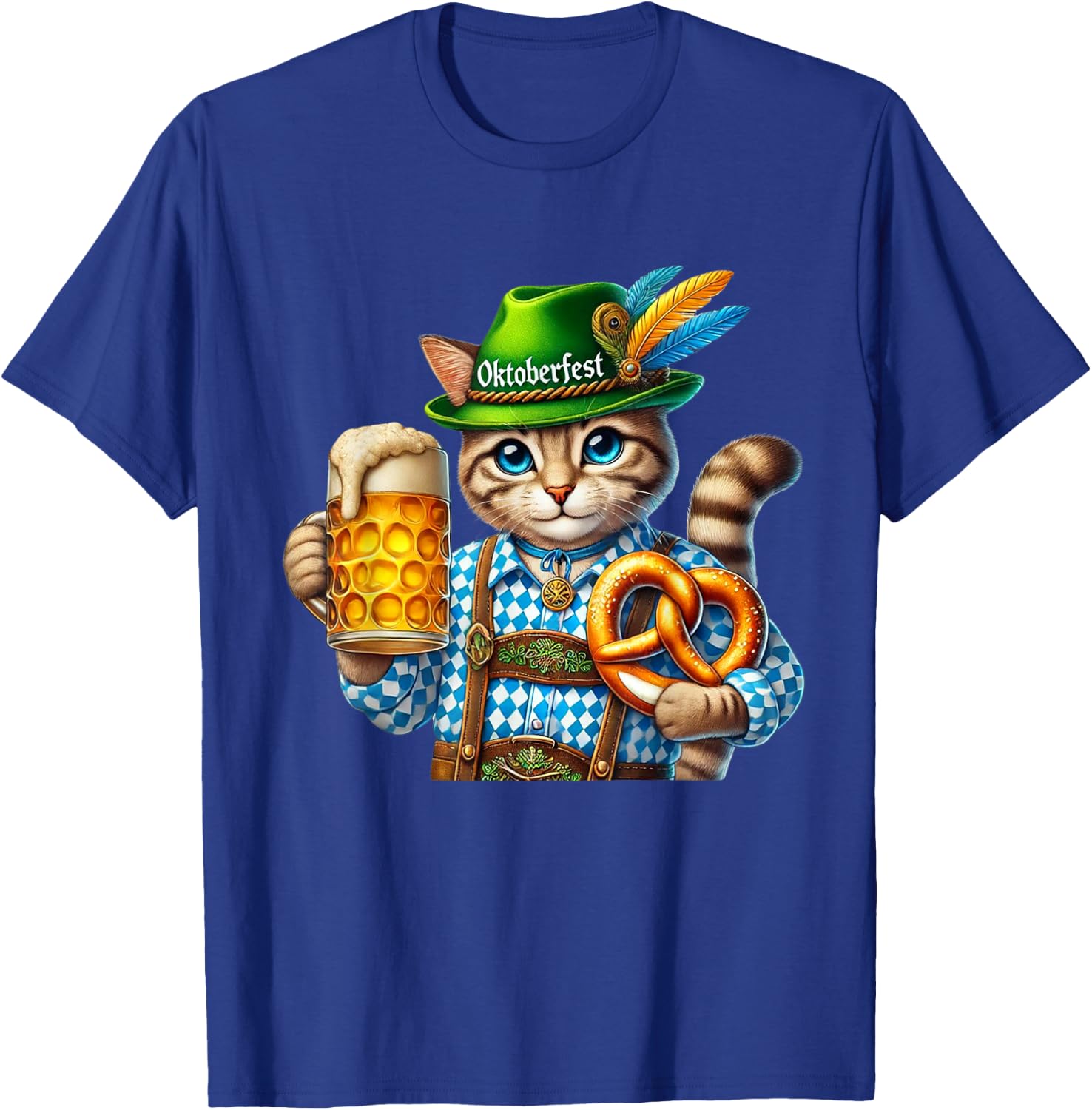 Oktoberfest Cat Beer Pretzel Costume Lederhosen T-Shirt - T-Shirt | Royal