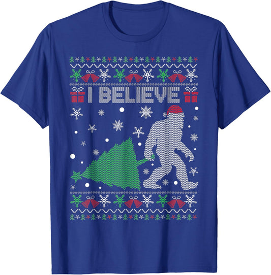 I Believe Bigfoot Sasquatch Ugly Christmas Sweater T-Shirt - T-Shirt | Royal