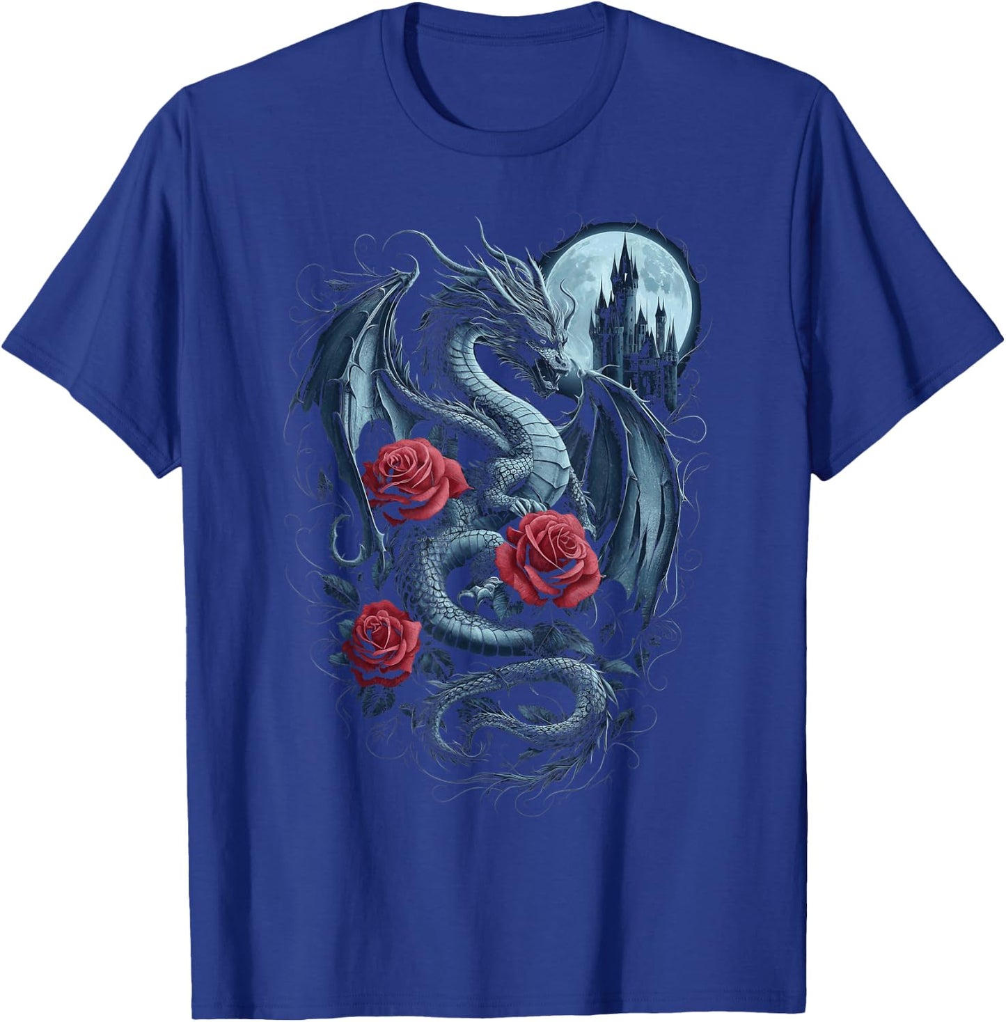 Dragon With Roses And Full Moon Dark Art T-Shirt - T-Shirt | Royal