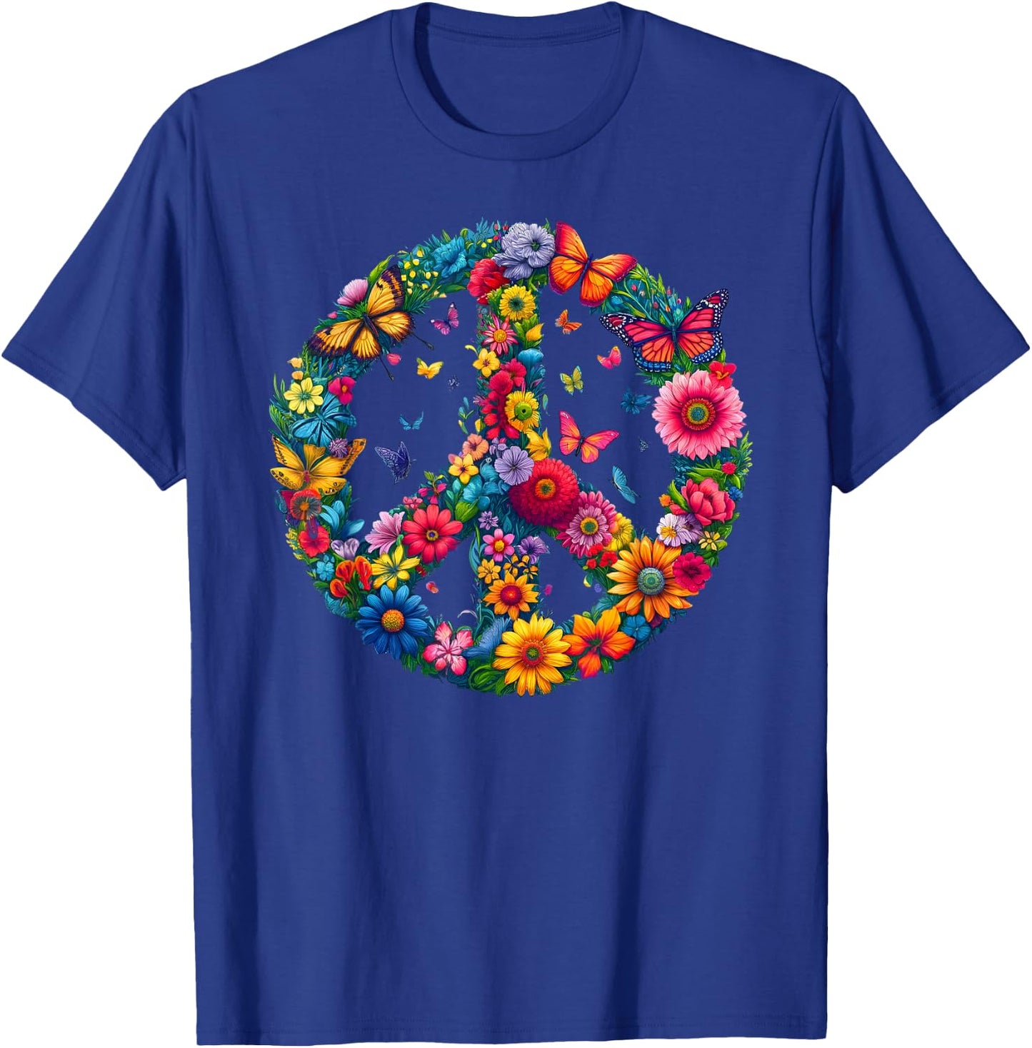 Floral Peace Sign Colorful Butterflies Harmony Love Nature T-Shirt - T-Shirt | Royal