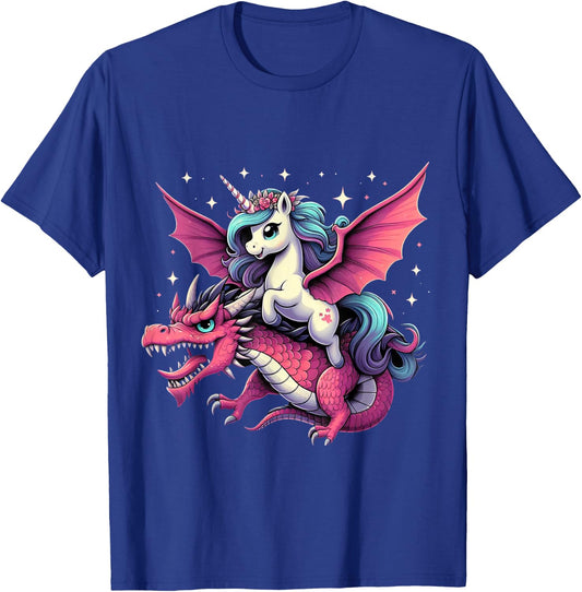 Unicorn Riding Dragon Boys Girls Women Kids Teens Rainbow T-Shirt - T-Shirt | Royal