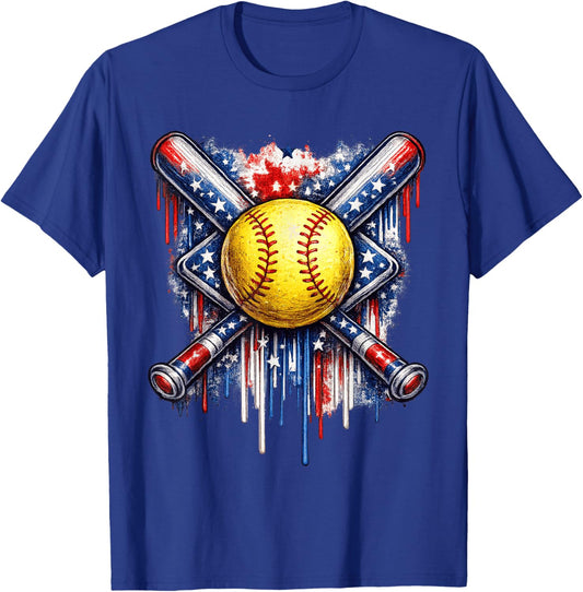 Softball Drip Ice Cream American Flag 4th of July T-Shirt - T-Shirt | Royal
