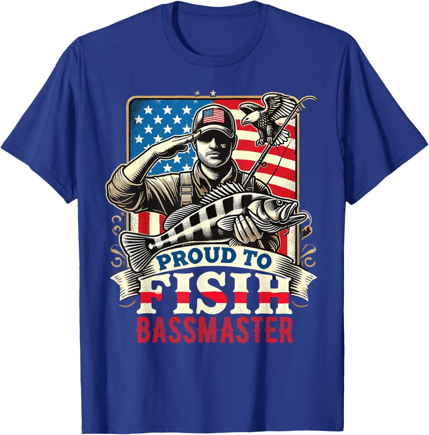 Proud to Fish Bassmaster Patriotic Design T-Shirt - T-Shirt | Royal