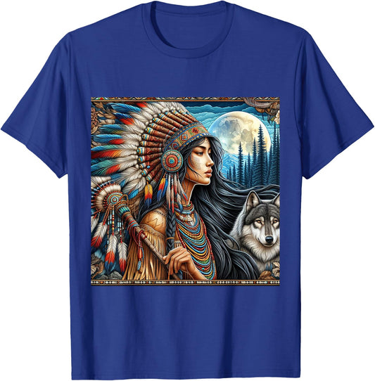 Indian Native American Woman with White Wolf Vintage Gifts T-Shirt - T-Shirt | Royal