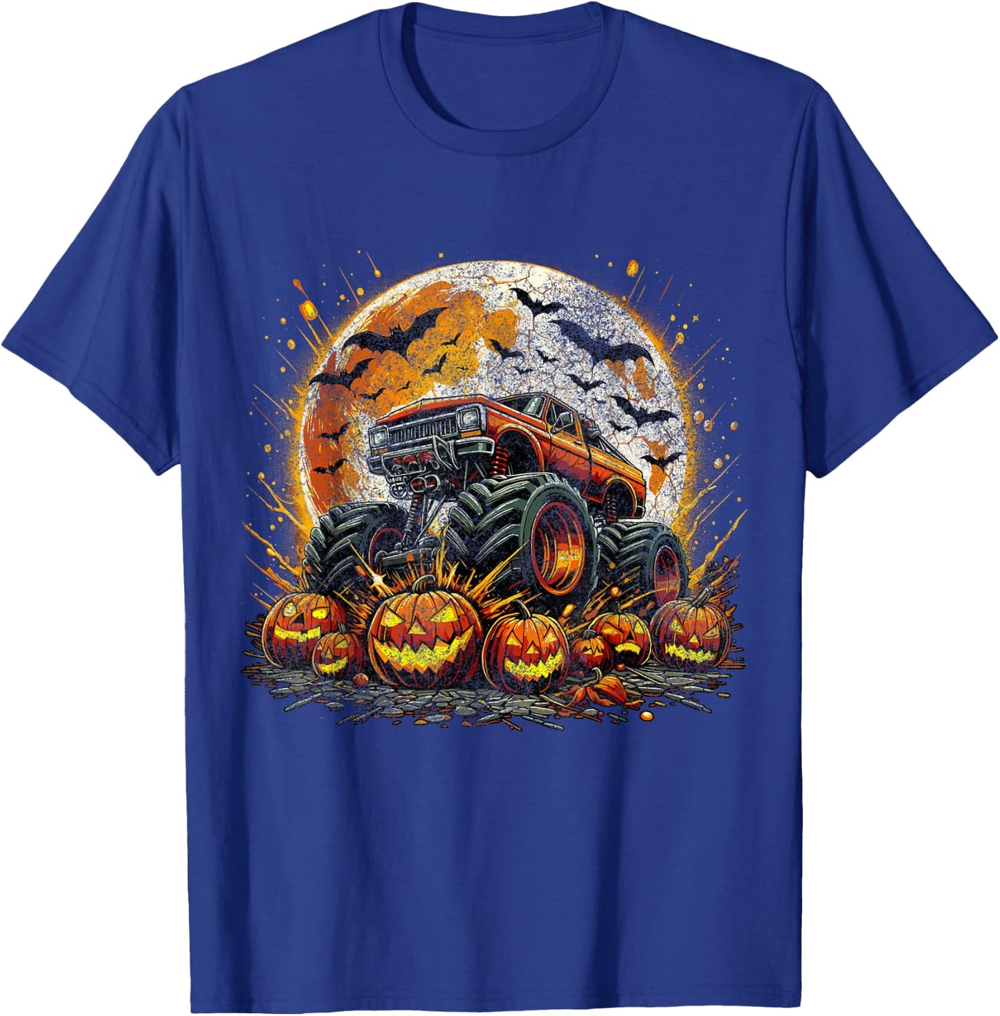 Monster Truck Pumpkin Halloween Jack O Lantern Moon T-Shirt - T-Shirt | Royal