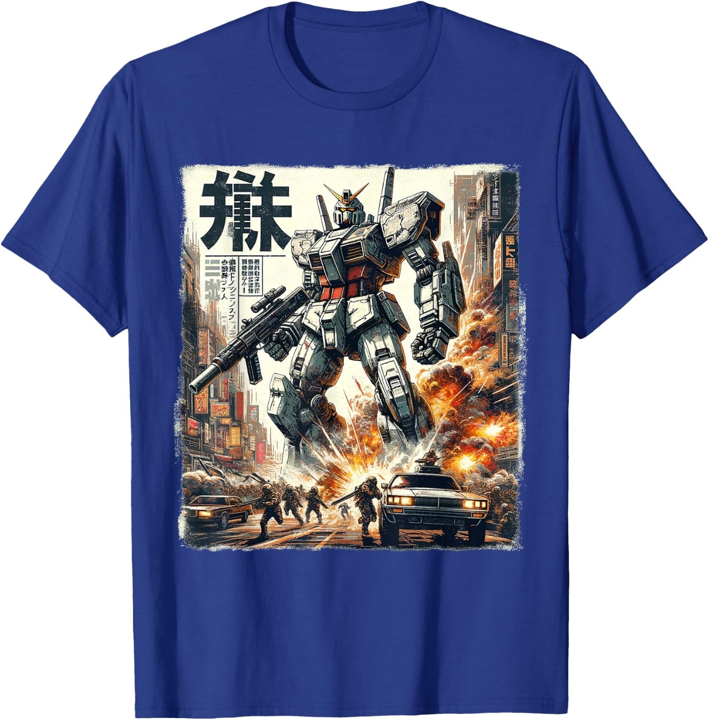 Mech Assault Futuristic Urban Warfare Japanese Battle Art T-Shirt - T-Shirt | Royal