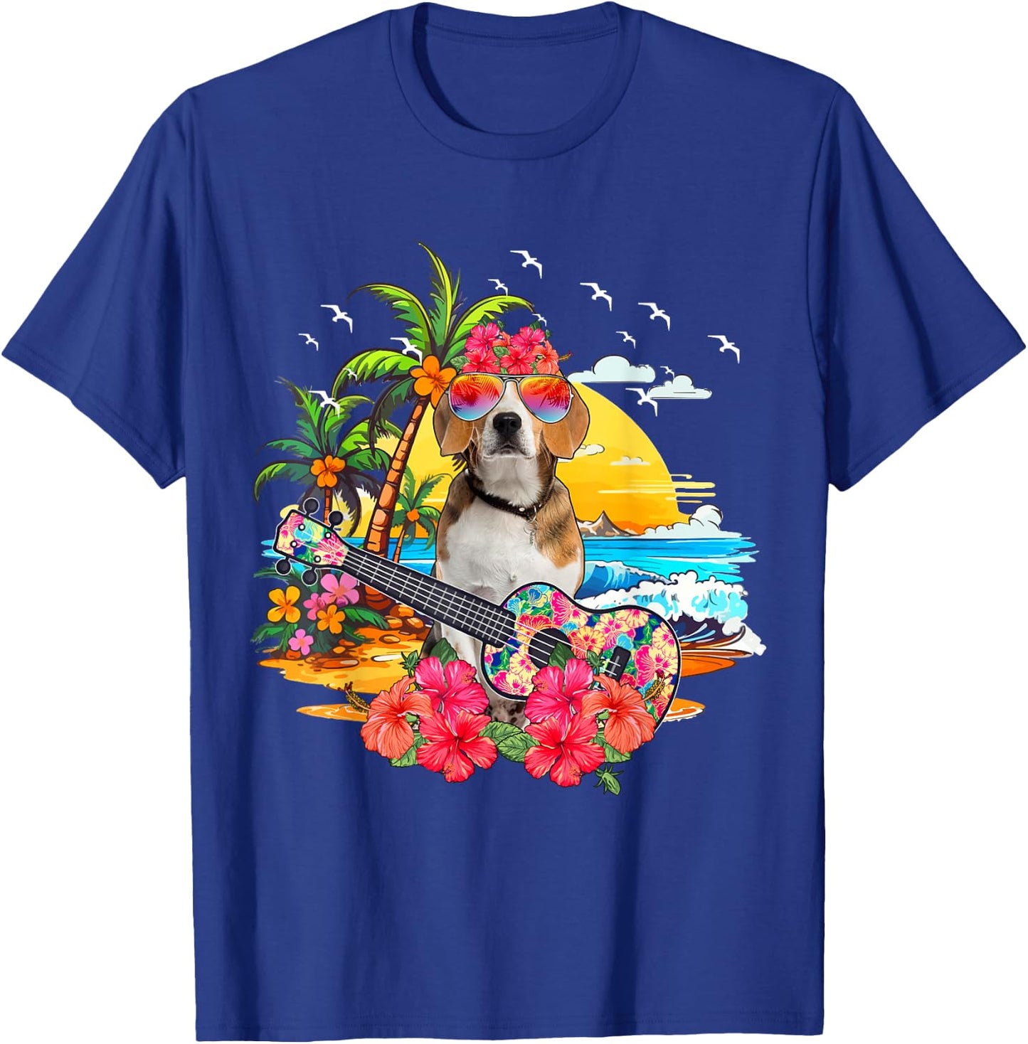 Hawaiian Floral Beagle Sunglasses Playing Guitar On Beach T-Shirt - T-Shirt | Royal