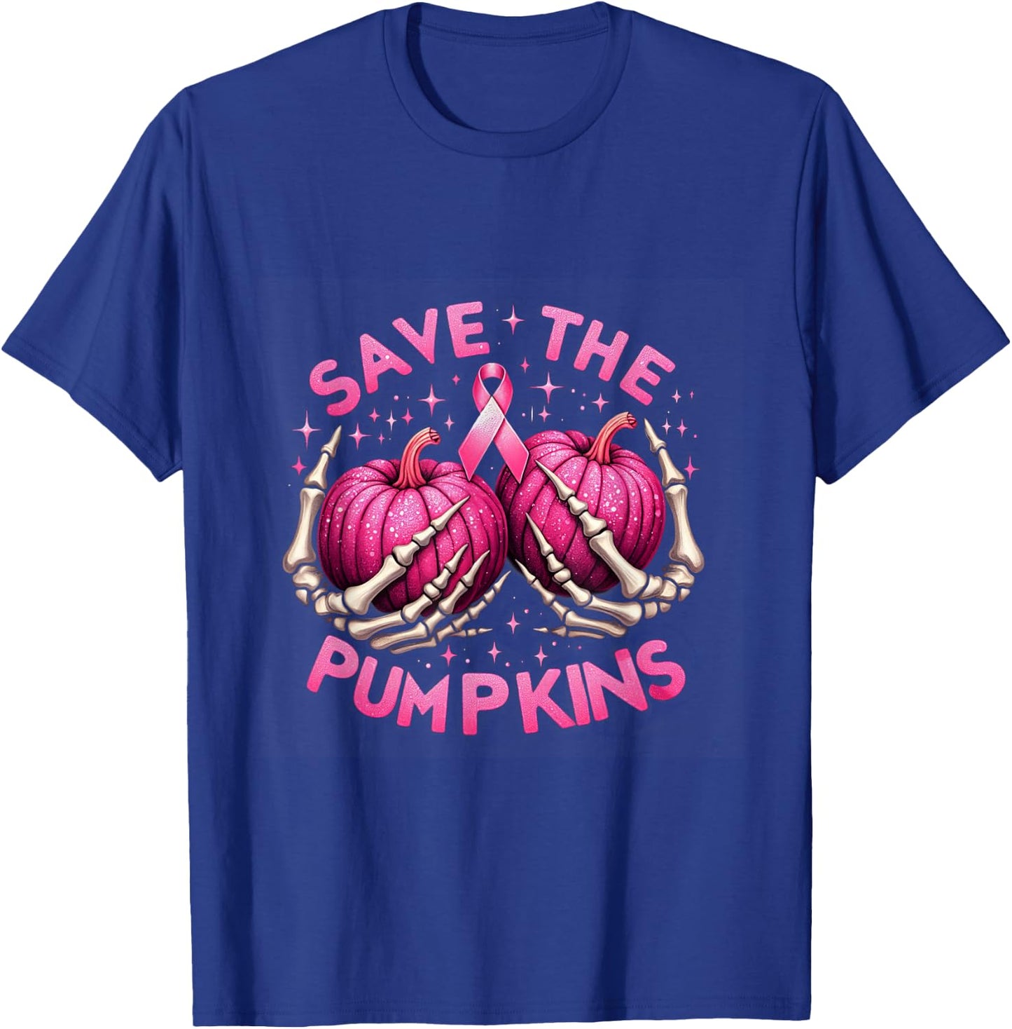 Skeleton Halloween Save The Pumpkins Breast Cancer Awareness T-Shirt - T-Shirt | Royal