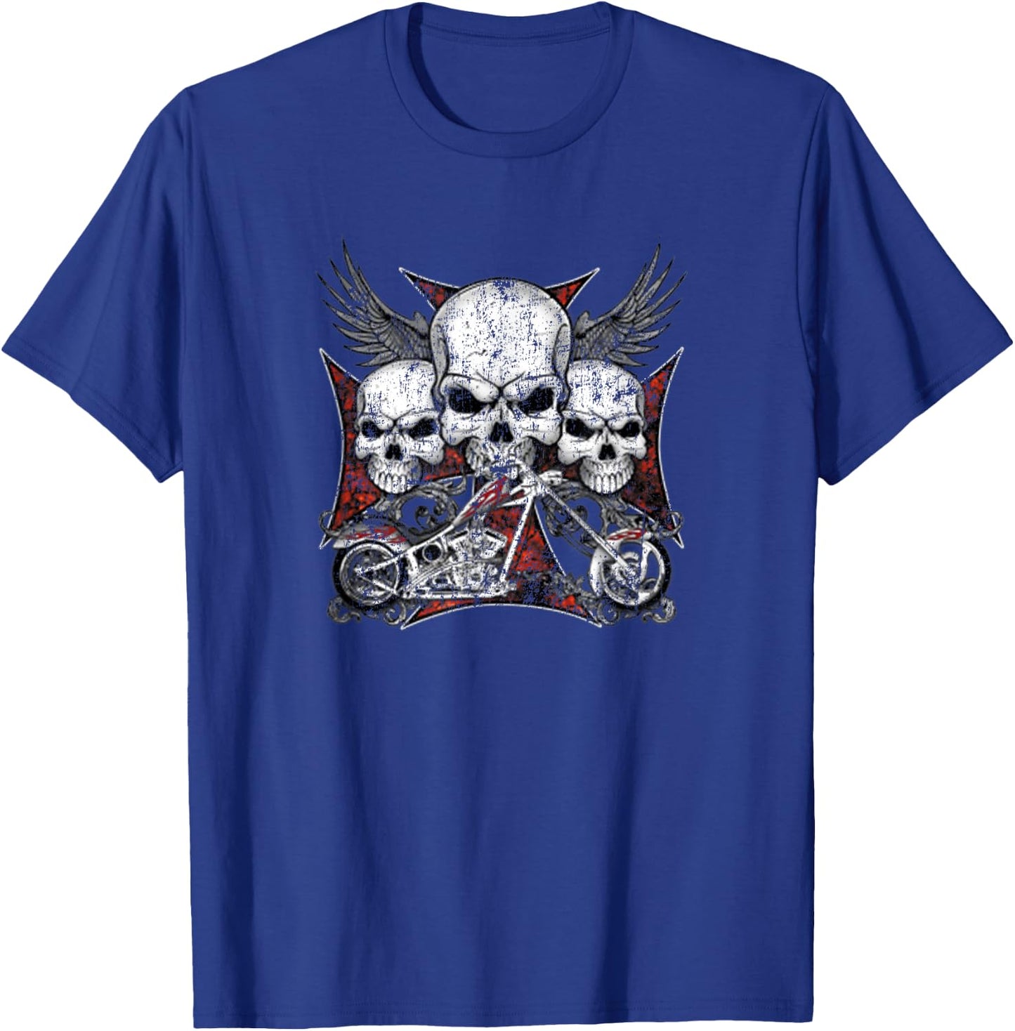 Skulls Iron Cross Chopper Wings Cool Vintage Biker T-Shirt - T-Shirt | Royal