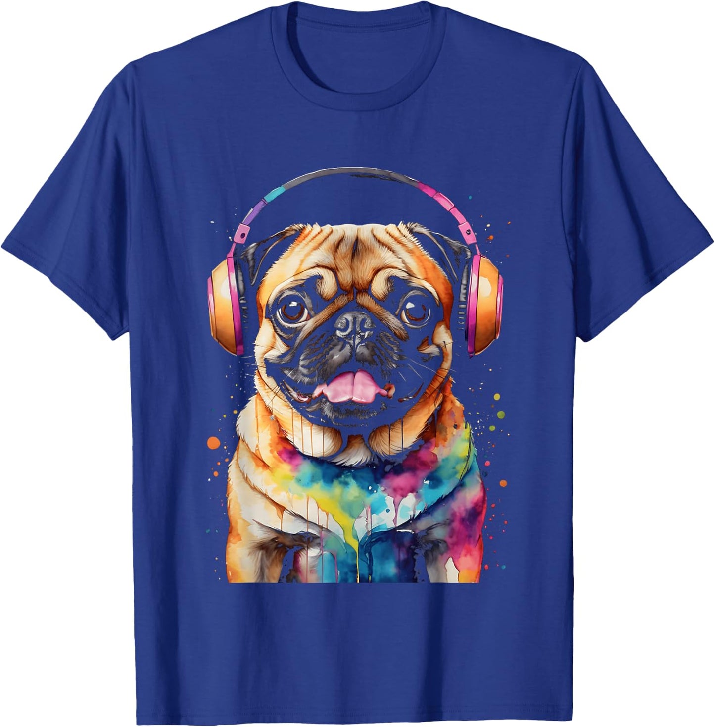 Pug Headphones Dog Colorful Funny Animal Art Print Graphic Men Women Kids T-Shirt - T-Shirt | Royal