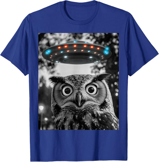 Owl Selfie With Alien UFO Men Women Boys Girls Kids T-Shirt - T-Shirt | Royal