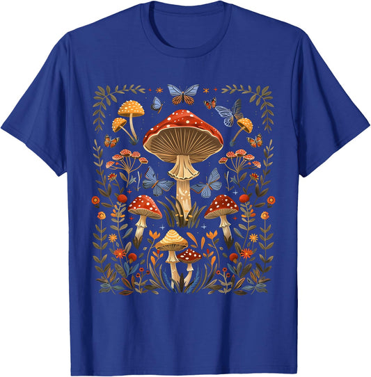 Cottagecore Aesthetic Mushrooms Wildflower and Butterflies T-Shirt - T-Shirt | Royal