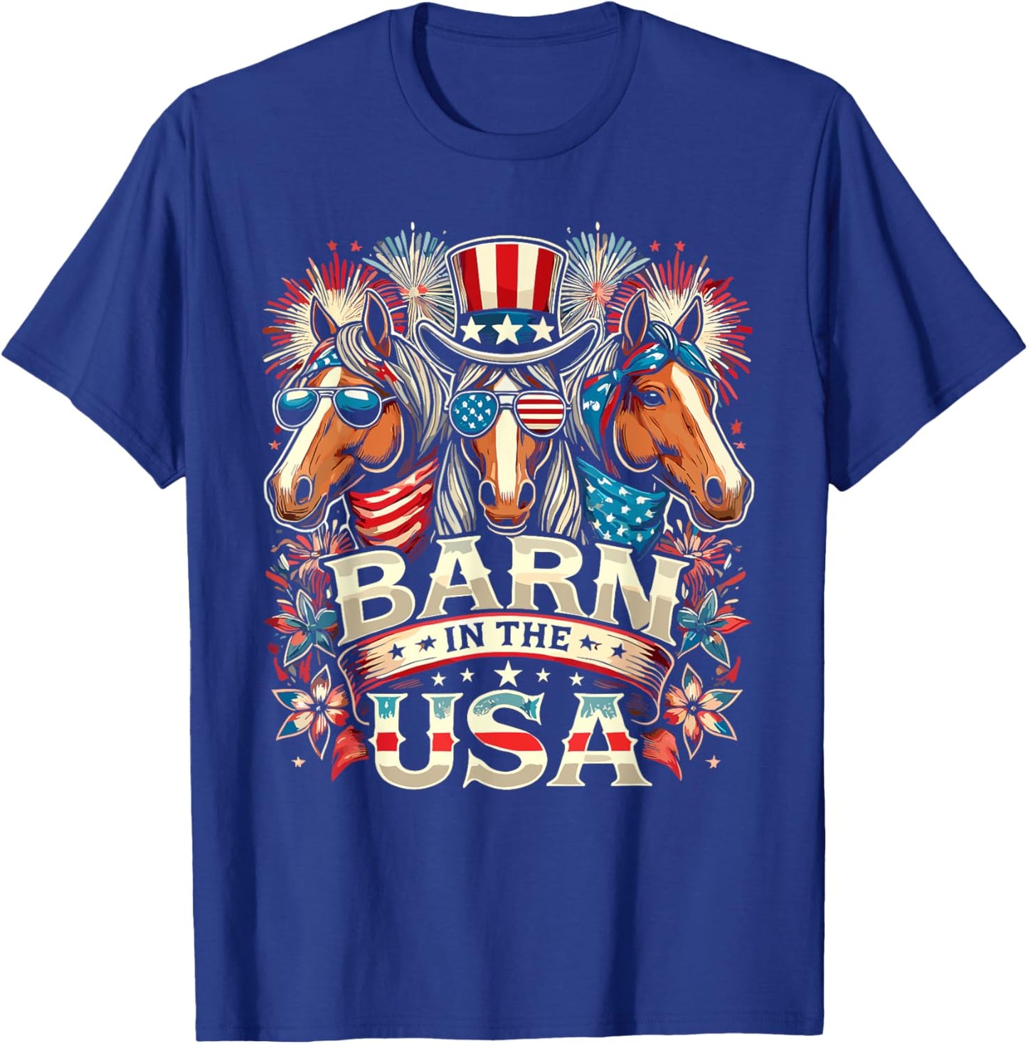 Barn In The USA 4th Of July Horse Patriotic Women Kids Men T-Shirt - T-Shirt | Royal