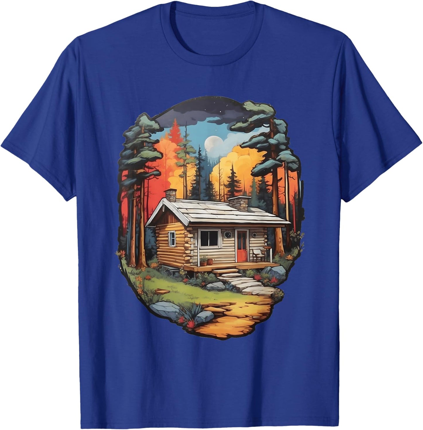 Tranquil Forest Log Cabin - Colorful Woods Scene T-Shirt - T-Shirt | Royal
