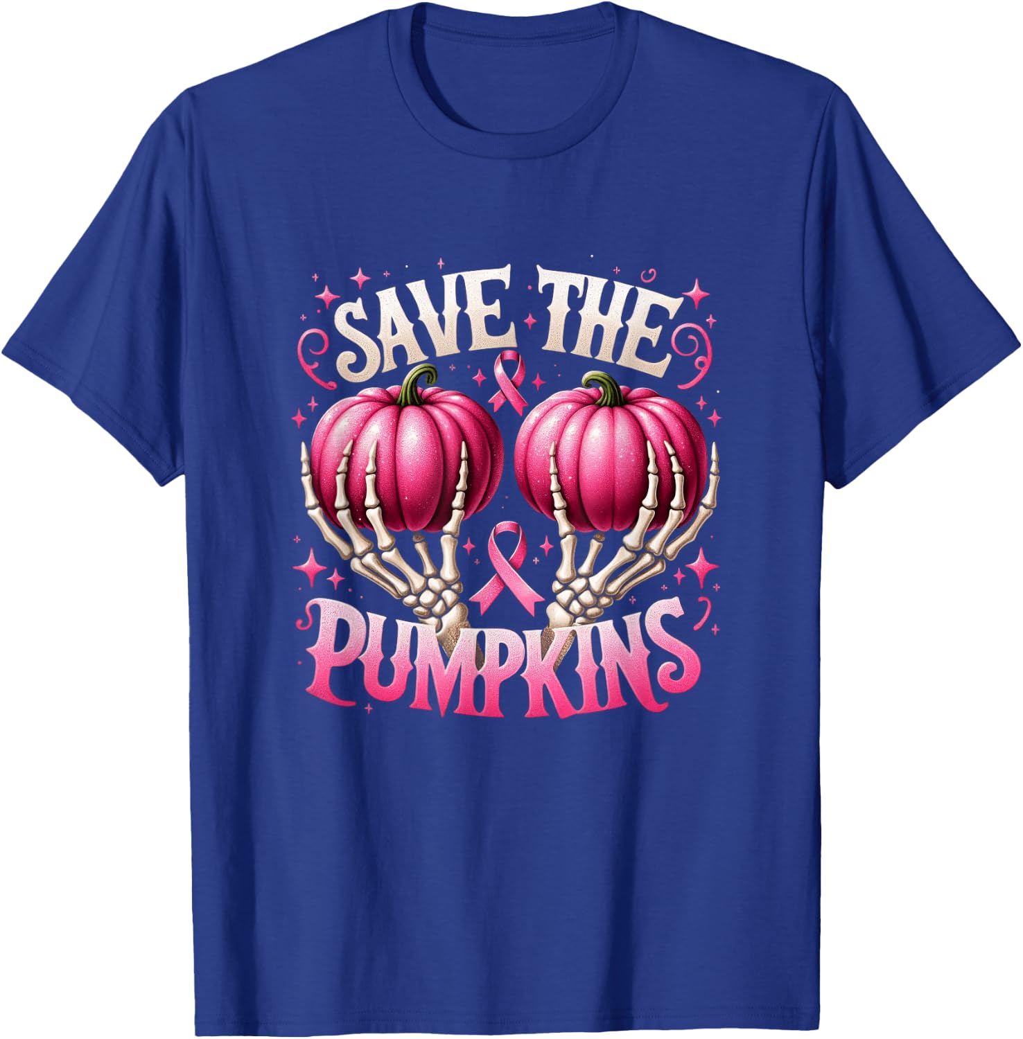 Save The Pumpkins Breast Cancer Awareness Skeleton Halloween T-Shirt - T-Shirt | Royal