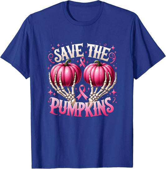 Save The Pumpkins Breast Cancer Awareness Skeleton Halloween T-Shirt - T-Shirt | Royal