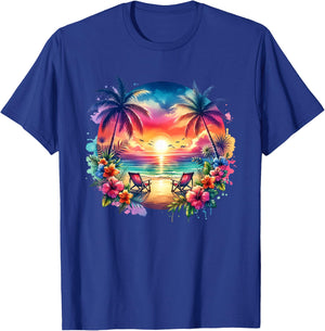 Tropical Island Beach Wave Sunset Scene T-Shirt - T-Shirt | Royal