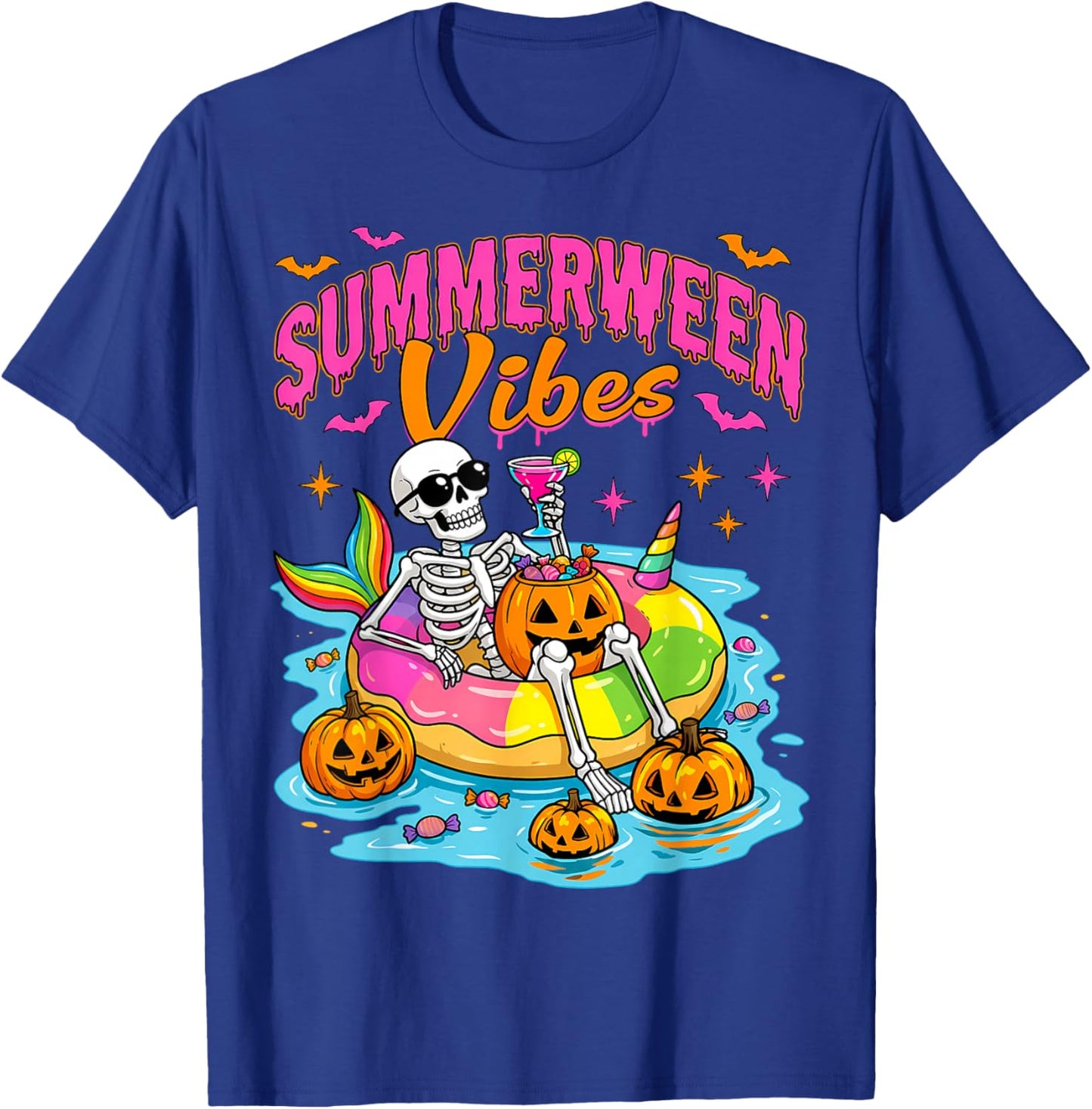 Summerween Funny Skeletons Halloween Floating Pool Pumpkin T-Shirt - T-Shirt | Royal