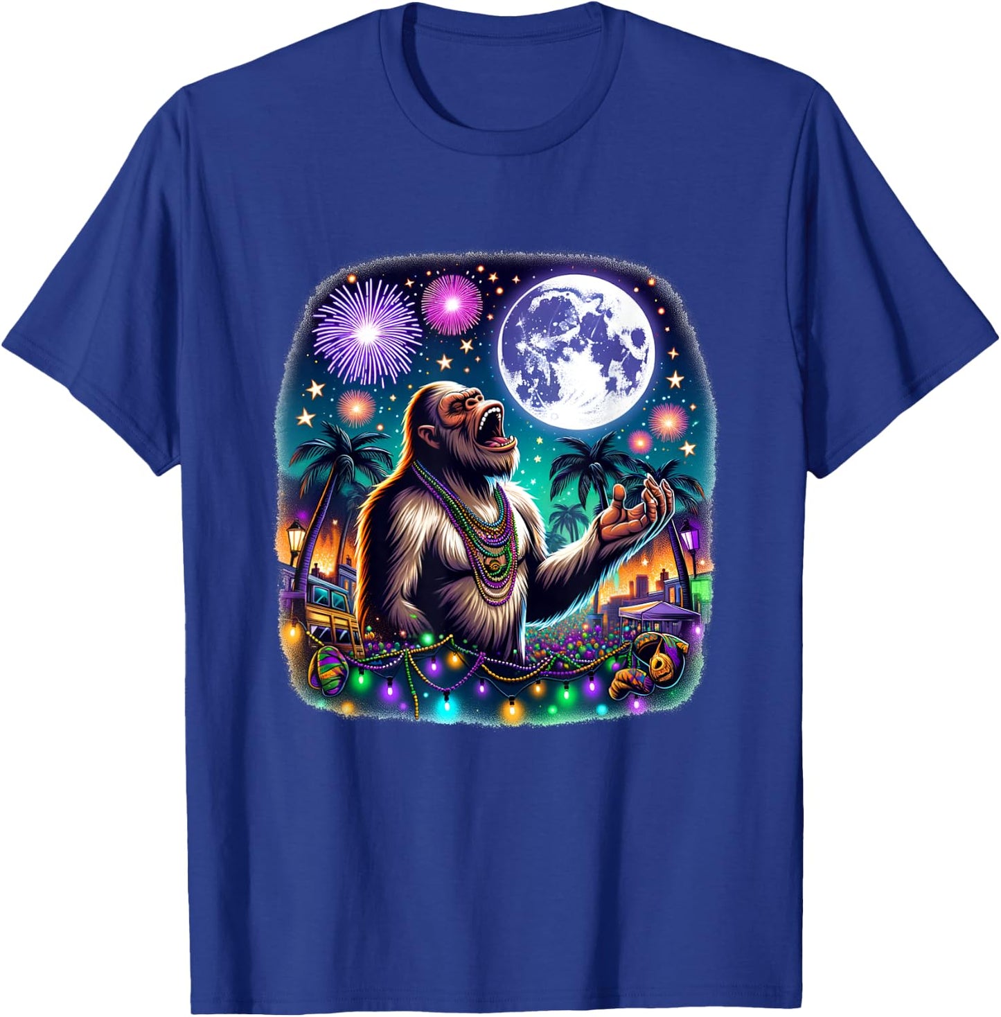 Bigfoot Meets Moon Over Mardi Gras New Orleans Fun T-Shirt - T-Shirt | Royal
