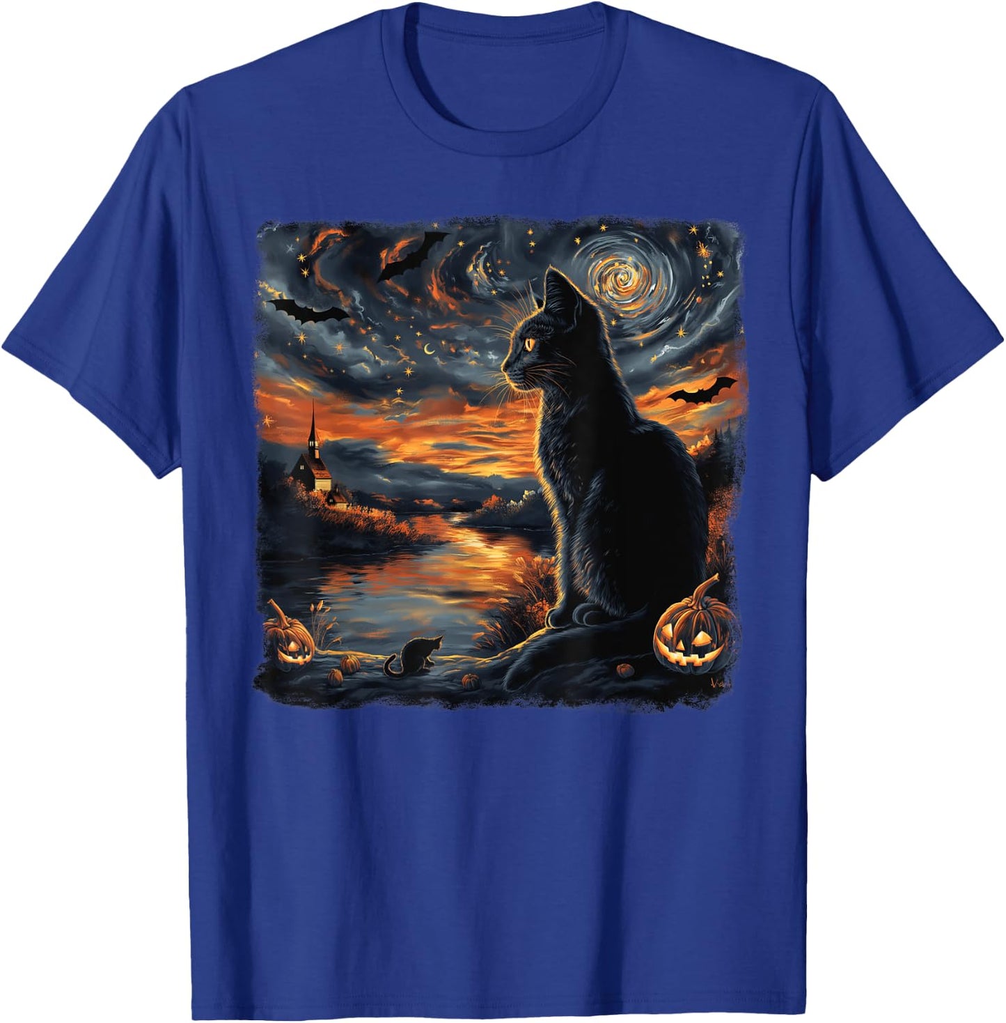 Halloween Van Gogh Starry Night Black Cat Pumpkins Bats Women Kids T-Shirt - T-Shirt | Royal