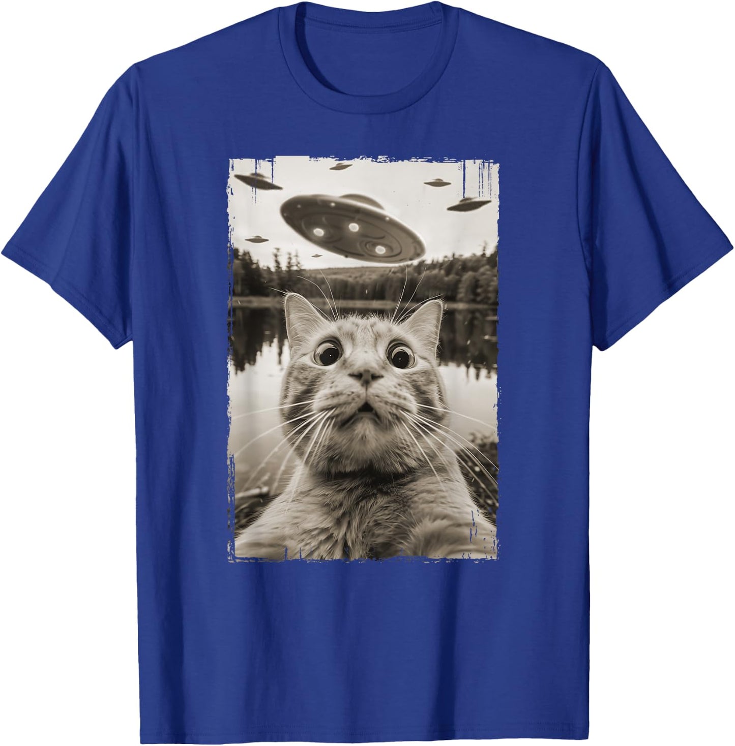 Vintage Cat UFO Encounters - Funny UFO and Cat Selfie Women Kids T-Shirt - T-Shirt | Royal