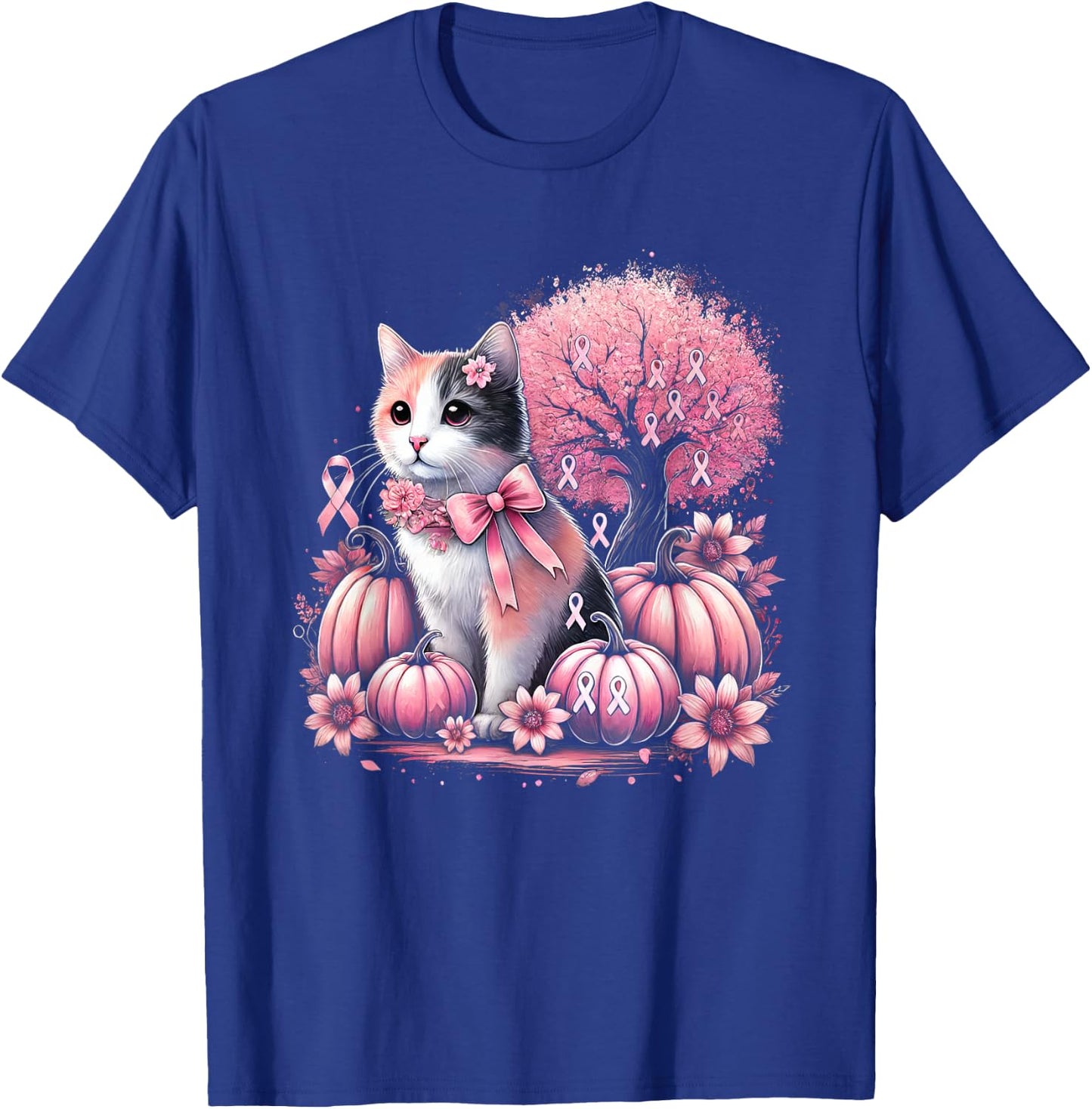 Cat Pink Flower Breast Cancer Awareness Men Women Kids T-Shirt - T-Shirt | Royal