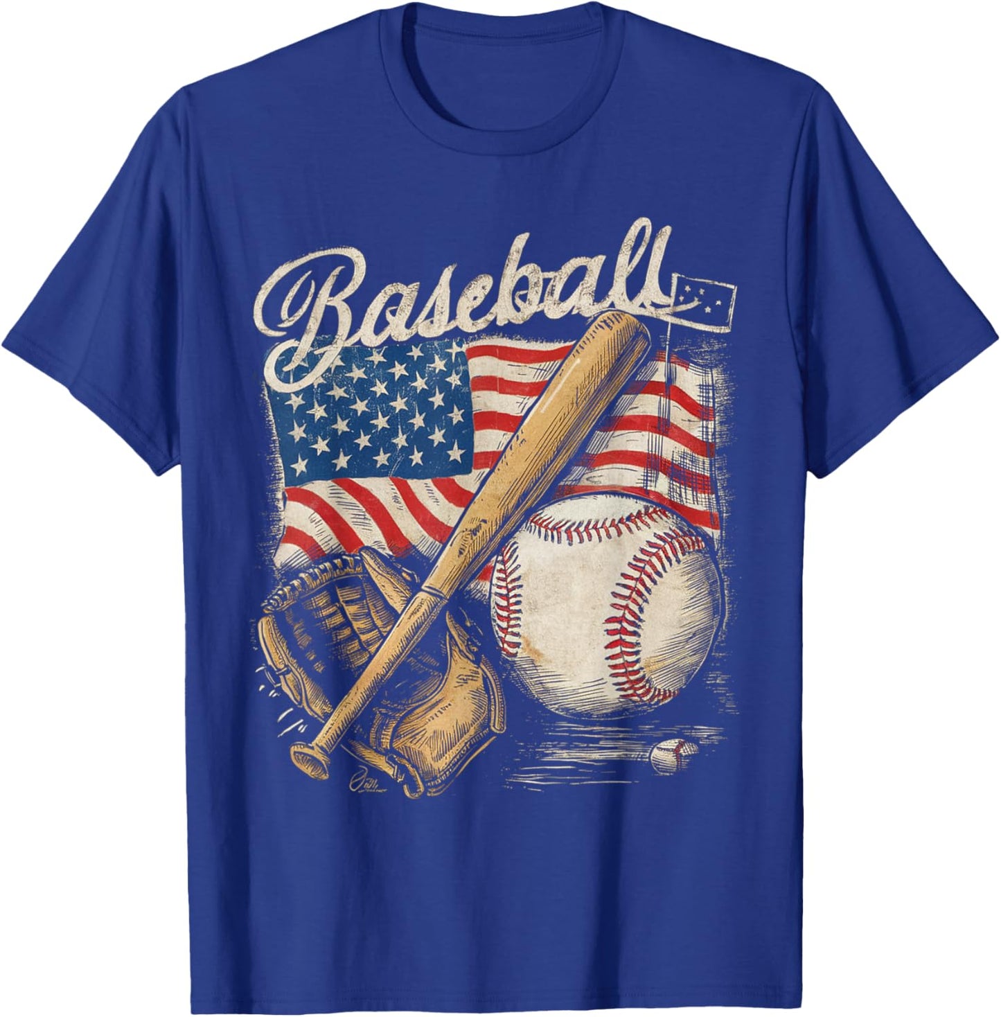 American Flag Baseball Player Bat Fan Catcher Pitcher USA T-Shirt - T-Shirt | Royal