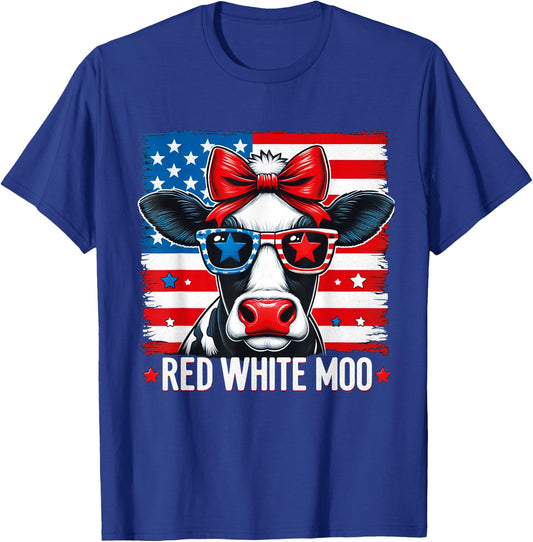 Patriotic Cow USA Flag 4th of July Red and White and Moo T-Shirt - T-Shirt | Royal