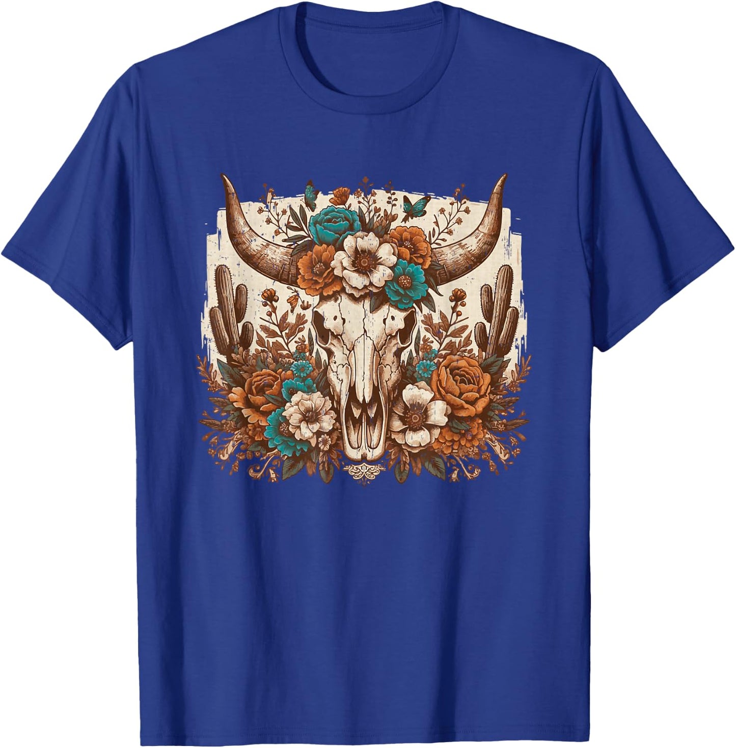 Western Boho Cow Bull Skull Flowers Wild West Country T-Shirt - T-Shirt | Royal