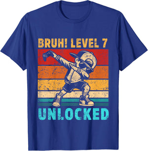 Kids 7 Year Old Birthday Dabbing Boy Bruh 7th Level Unlocked T-Shirt - T-Shirt | Royal