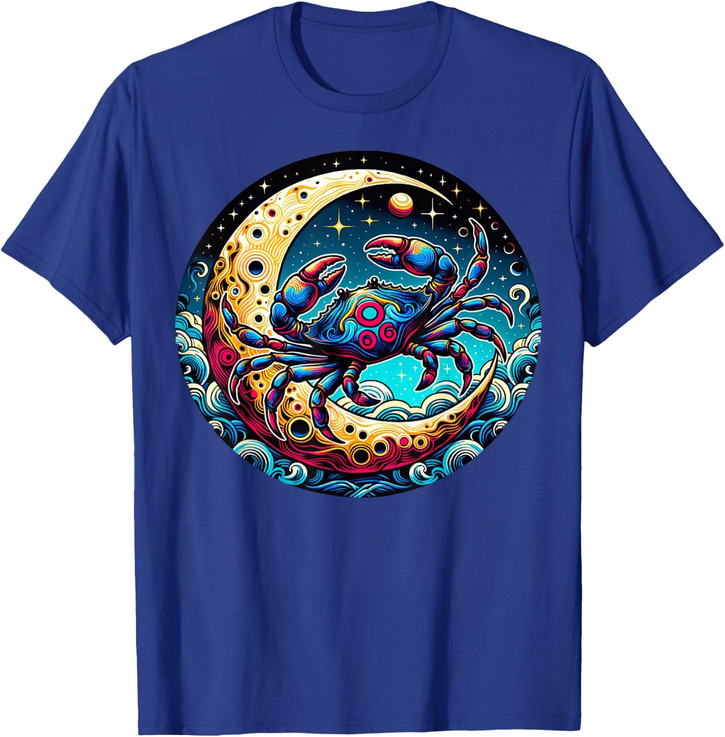 Colorful Abstract Crab On Crescent Moon With Waves And Stars T-Shirt - T-Shirt | Royal