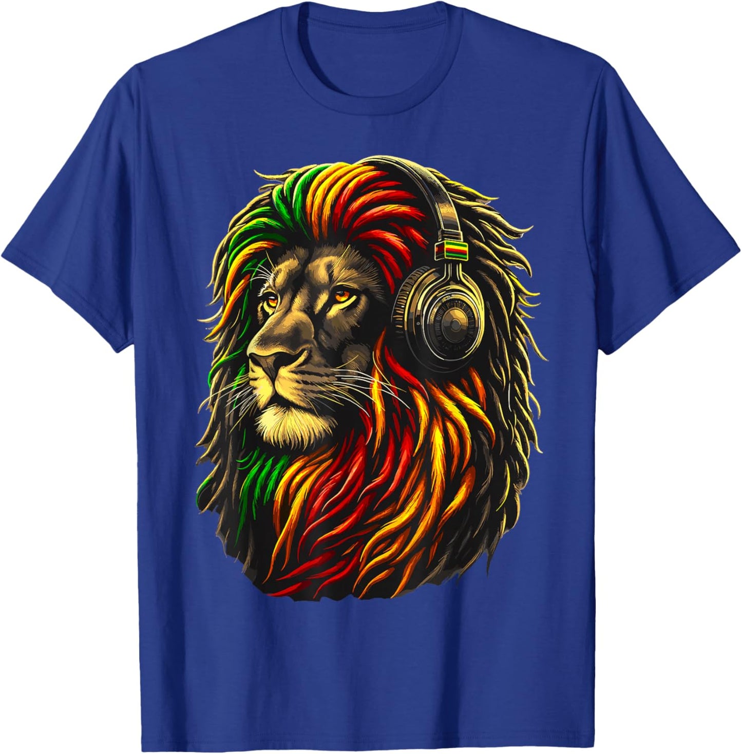 Rasta Reggae Music Headphones Jamaican Lion Judah T-Shirt - T-Shirt | Royal