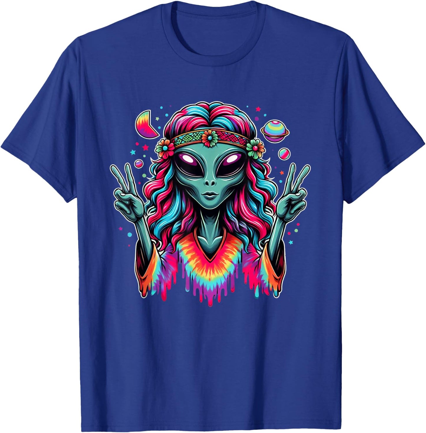 Tie Dye Alien Peace Sign Funny Boho Hippie T-Shirt - T-Shirt | Royal