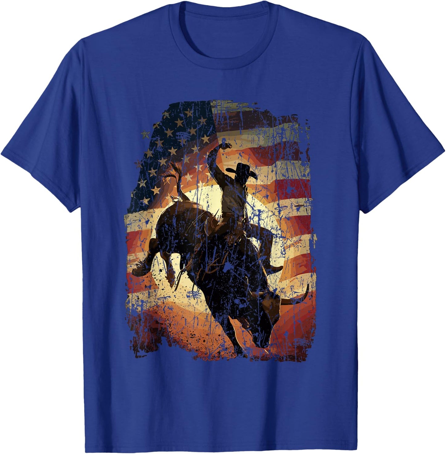 Rodeo Rider Bull Patriotic Cowboy USA Flag T-Shirt - T-Shirt | Royal