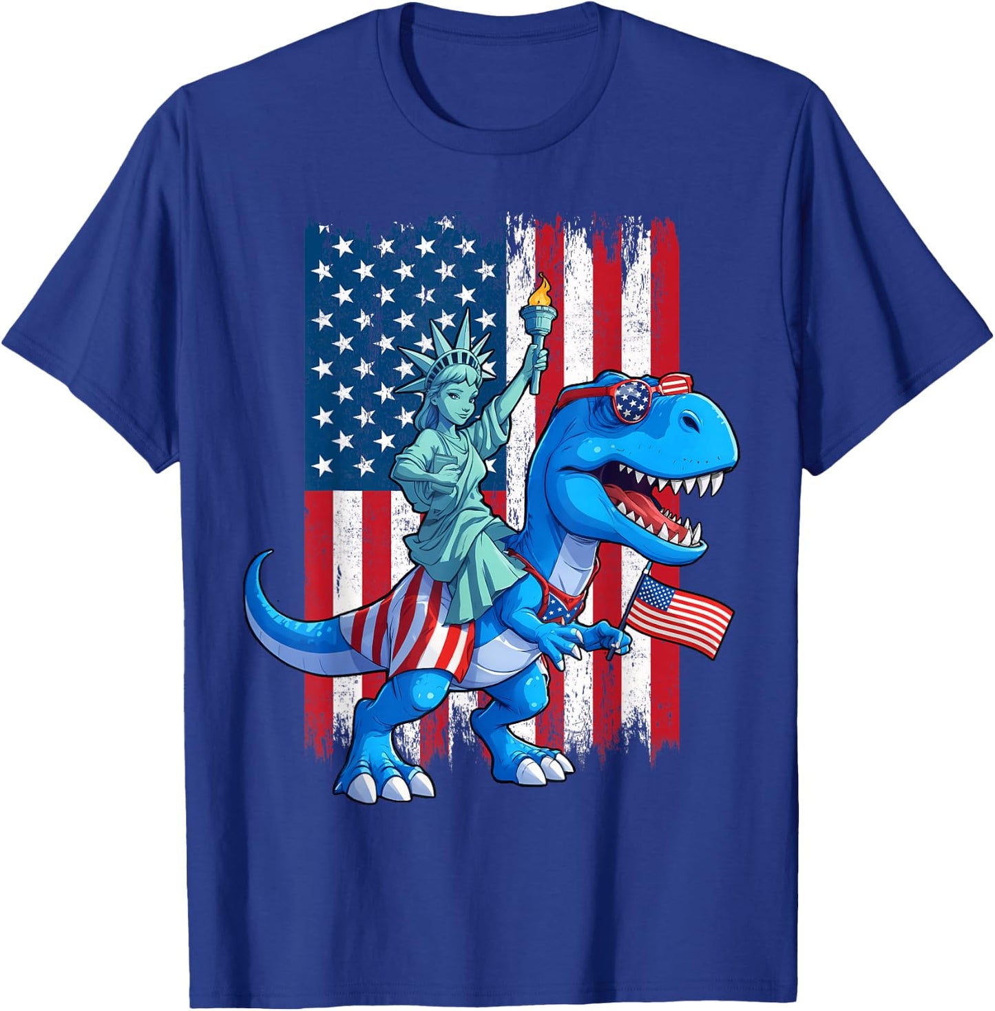 Dino Statue Of Liberty 4th Of July TRex American Flag Boys T-Shirt - T-Shirt | Royal