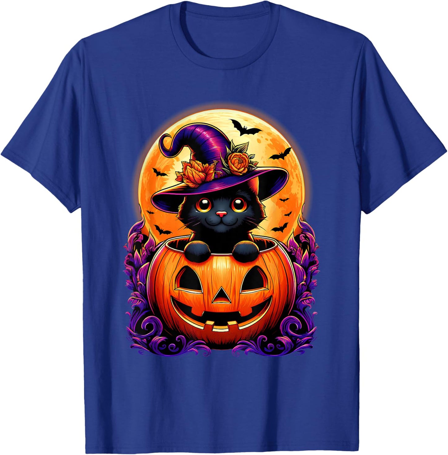 Black Cat Witch Hat Pumpkin Funny Halloween Men Women Kids T-Shirt - T-Shirt | Royal