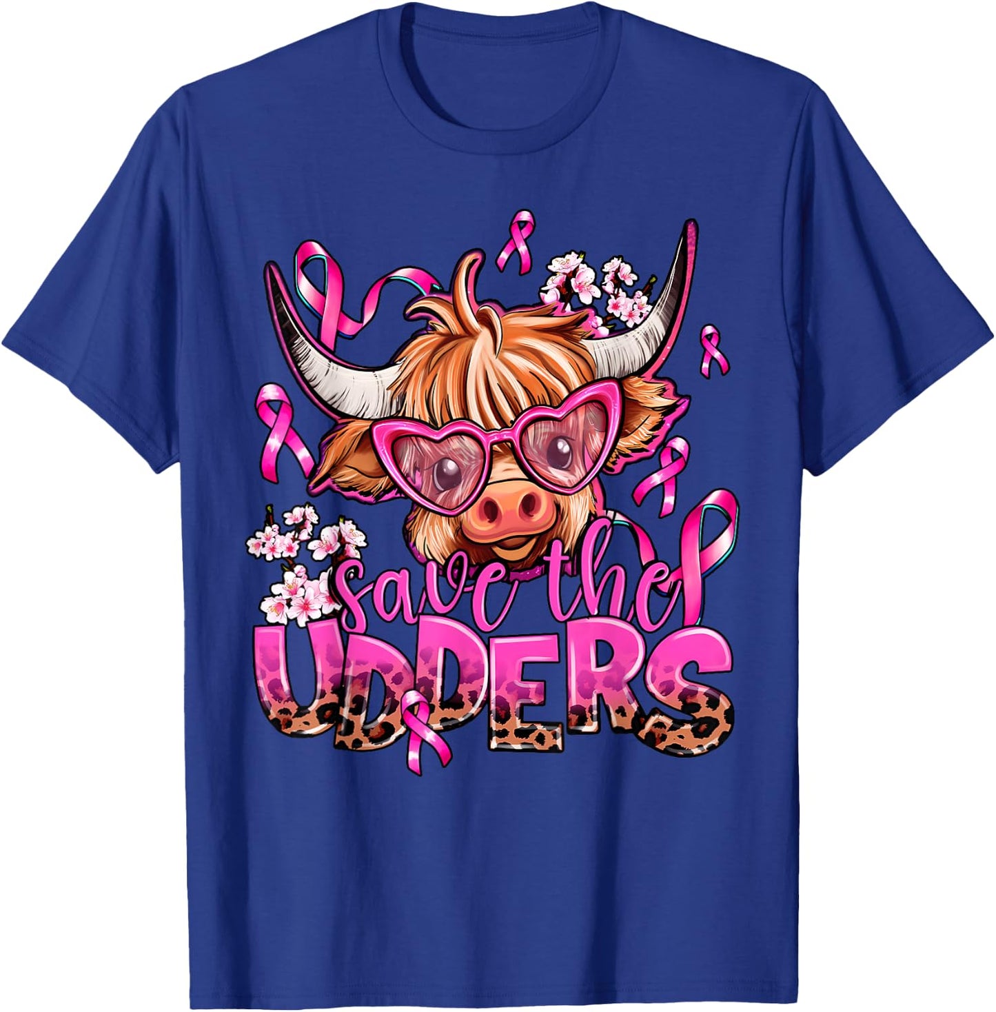Save The Udders Highland Cow Pink Breast Cancer Awareness T-Shirt - T-Shirt | Royal