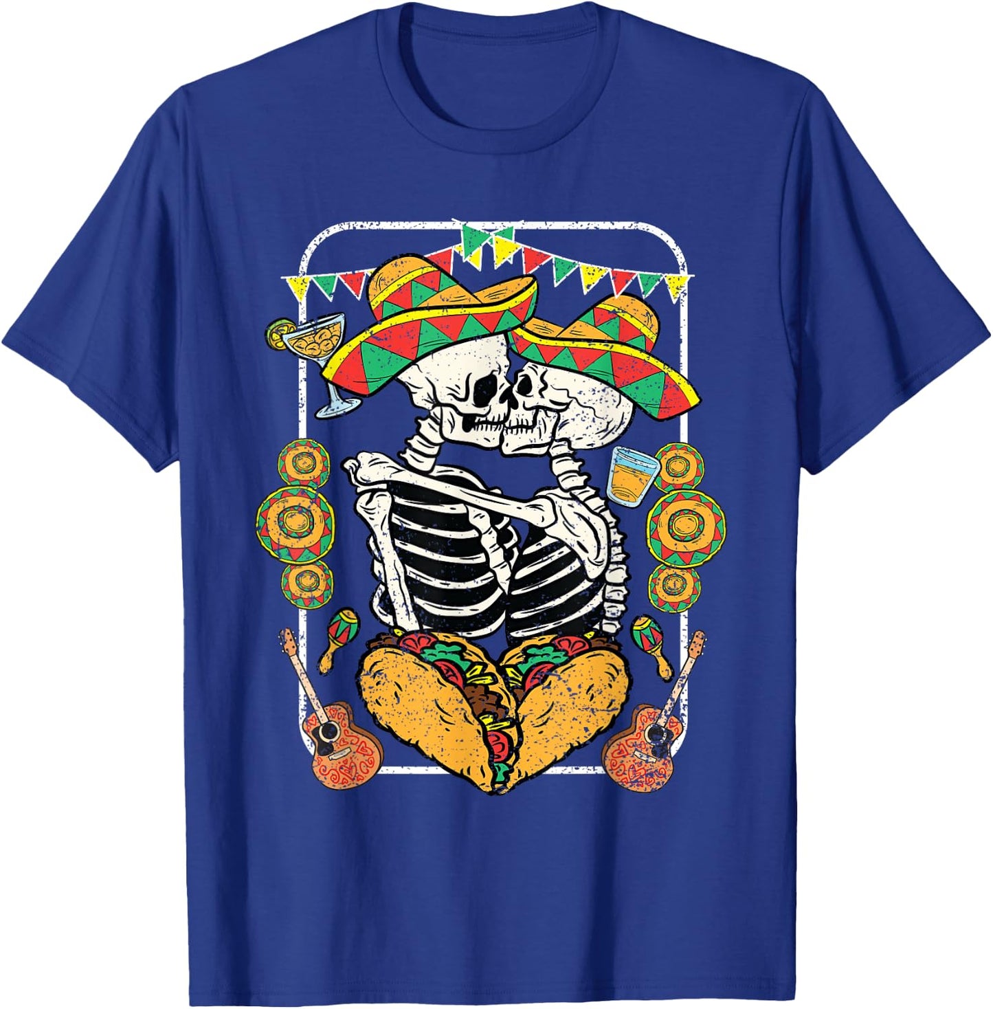 Skeleton Kissing Cinco De Mayo Mexican Sombrero Taco Heart T-Shirt - T-Shirt | Royal