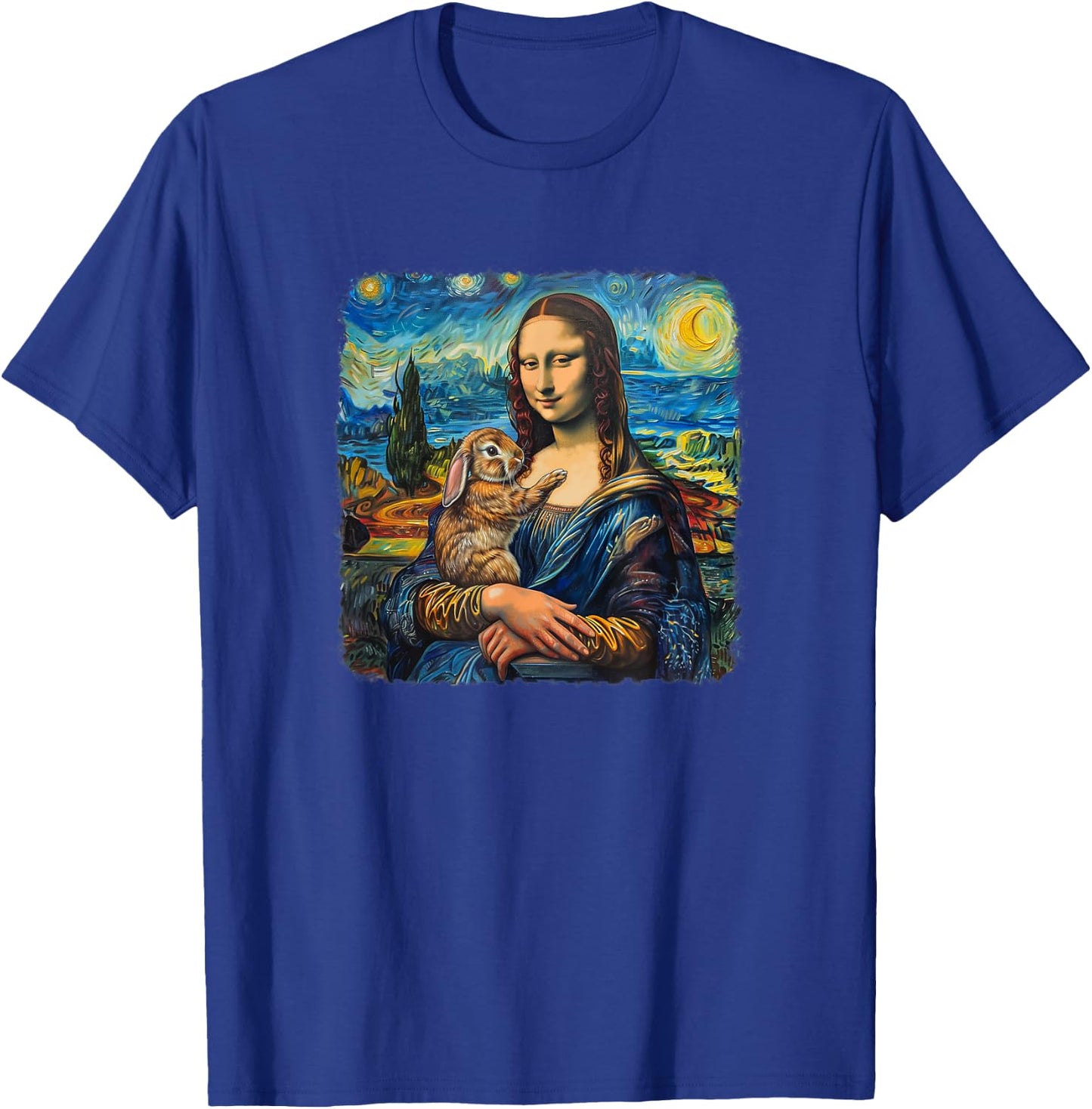 Mona Lisa with Rabbit Van Gogh Starry Night Painting T-Shirt - T-Shirt | Royal