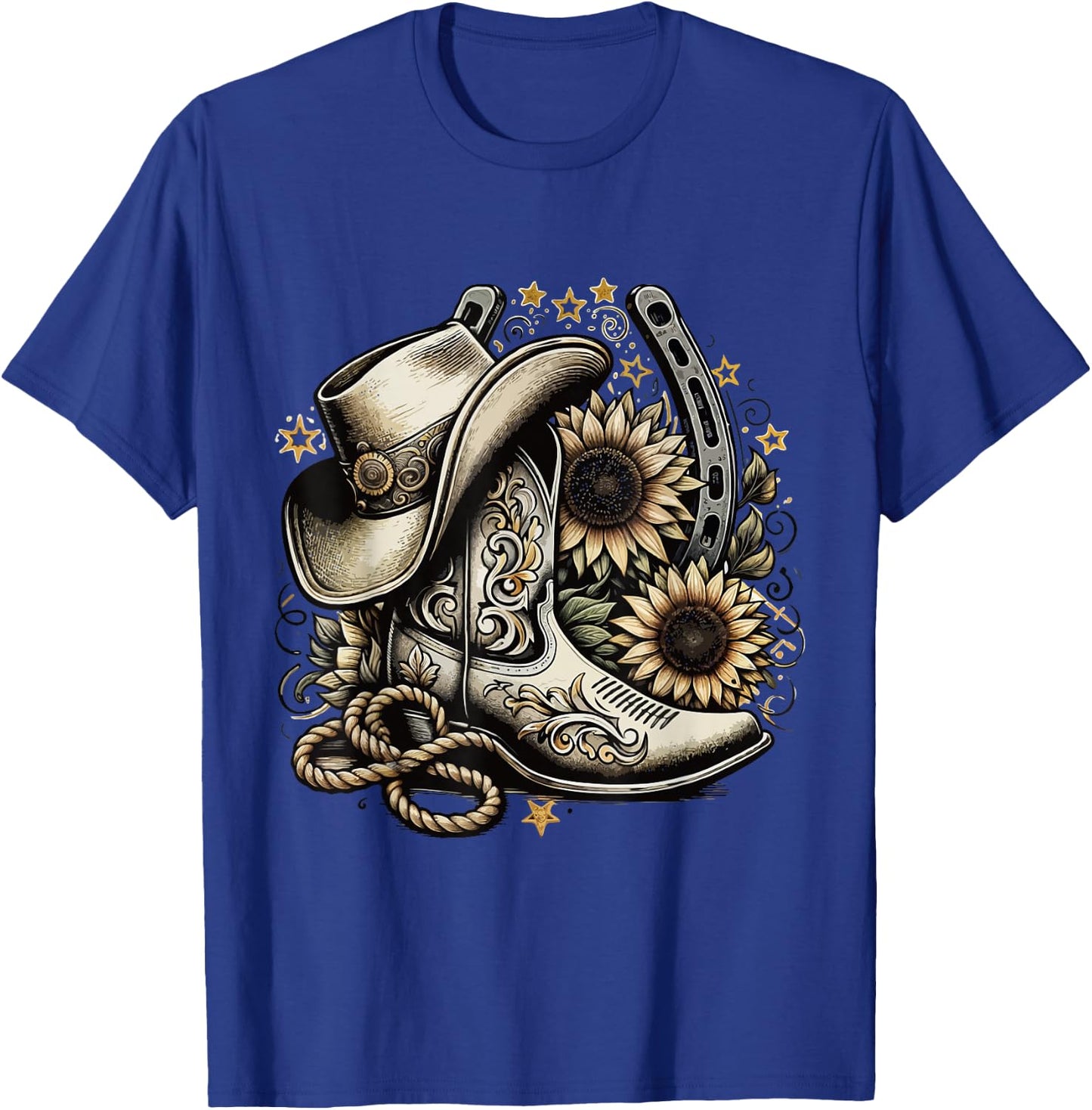 Western Cowboy Boot Horseshoe Sunflower Rope Cowgirl country , Small, Black T-Shirt - T-Shirt | Royal