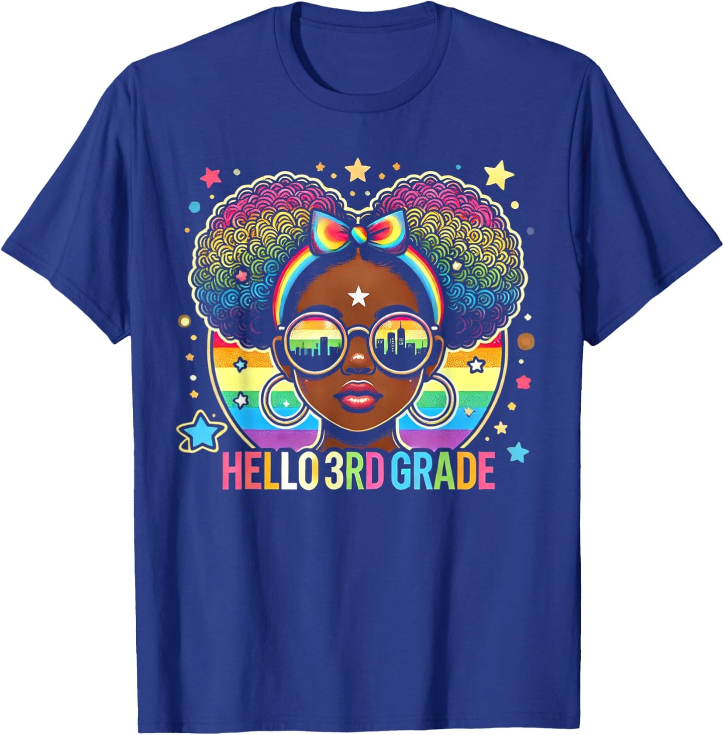 Hello 3rd Grade Black Messy Bun Girls Kids Back To School T-Shirt - T-Shirt | Royal