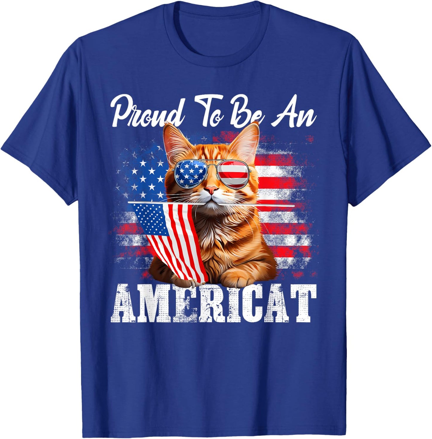 Proud To Be An Americat Orange Cat American Flag 4th Of July T-Shirt - T-Shirt | Royal