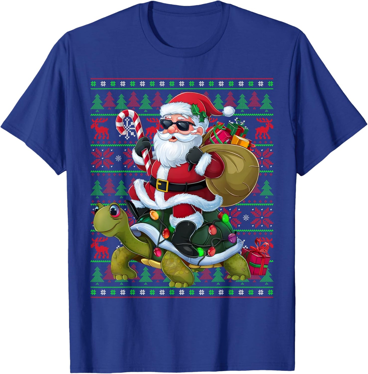 Ugly Xmas Lights Funny Santa Riding Turtle Christmas T-Shirt - T-Shirt | Royal