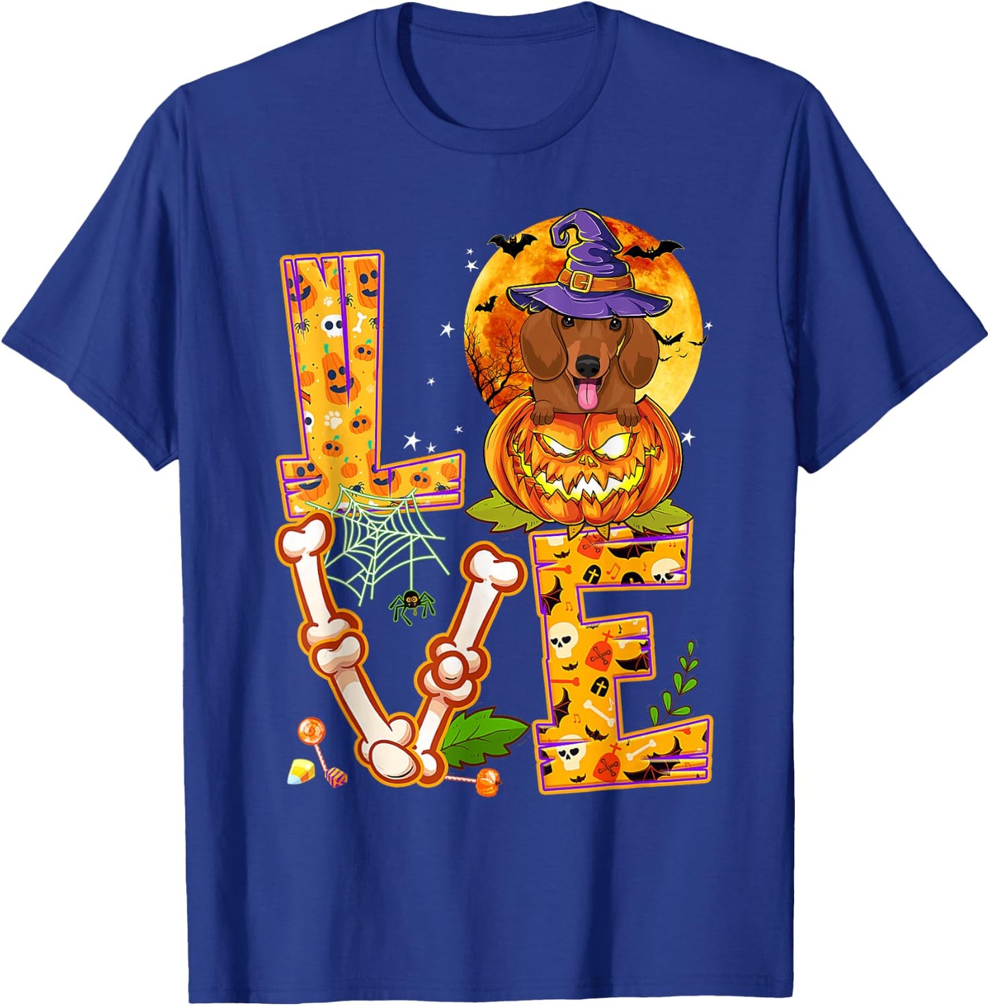 Love Dachshund Witch Pumpkin Scary Halloween Dog Lovers T-Shirt - T-Shirt | Royal